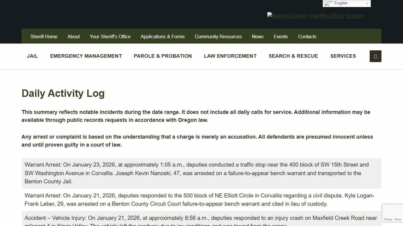 Daily Activity Log - Benton County Sheriff's Office, Oregon